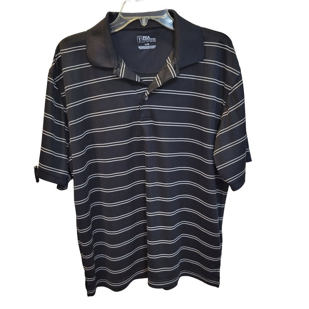 PGA Tour Men's Sz Large Black White Striped SS Stretch Pullover Golf Polo Shirt